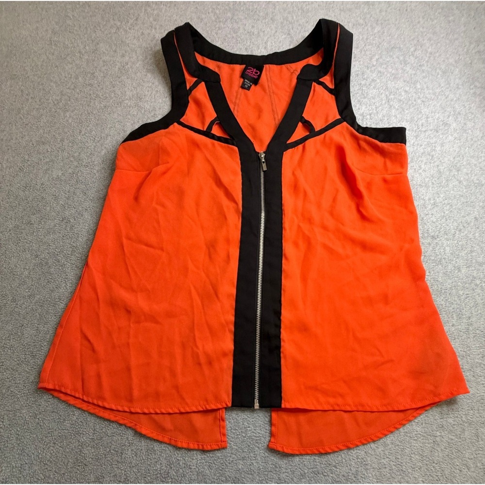 2b Bebe Womens Orange Black Zip Front Sleeveless Blouse Geometric Cutout Top XS